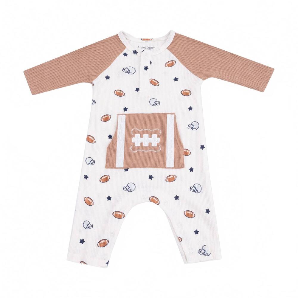 NEW ANGEL DEAR boys long sleeve raglan henley romper with kanga pocket in footba